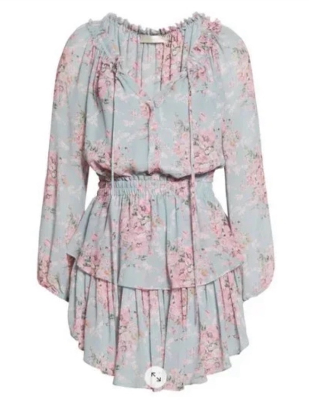 Love Shack Fancy Mini Dress Medium Floral Chiffon Pink Blue popover long sleeve